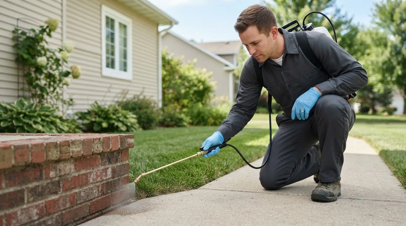 Pest control technician treating a home near Lothair, MT